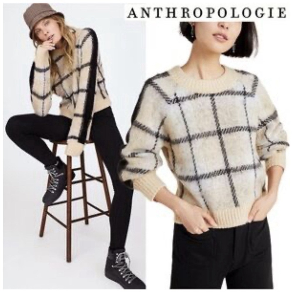 Anthropologie MOTH Sweater Cream Tan Black Windowpane Women's Top Size‎ Small
